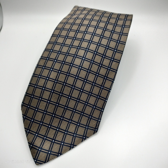Brooks Basic Tie Necktie Square Geometric Taupe Blue Made In USA Formal Classic - Picture 1 of 8
